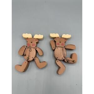 From the Heart Knotty Mooshan Jointed Wooden Moose Ornaments Set of 2 Vintage